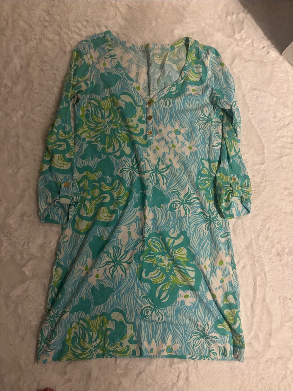 Lilly Pulitzer Aqua and Lime Floral Long Sleeve Tunic Dress
